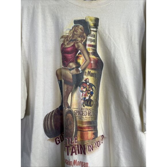 Captain Morgan Vtg 90s Graphic T Shirt Mens 2XL Cream Sexy Pinup Girl Spice Rum - Picture 2 of 8